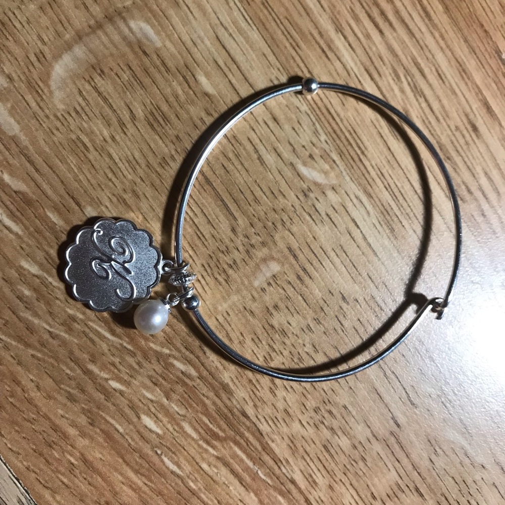 K Initial Bangle Bracelet with Pearl